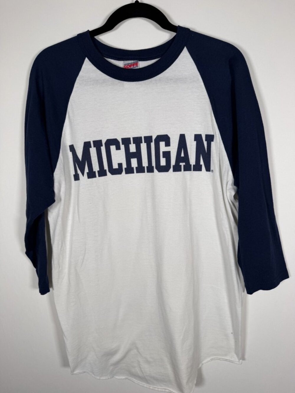 Vintage 90s Soffe Michigan Wolverines blue white baseball henley tshirt L retro